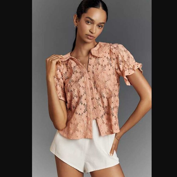 New XXS Anthropologie Pilcro The Keira lace collared button-front blouse Coral - Picture 1 of 10